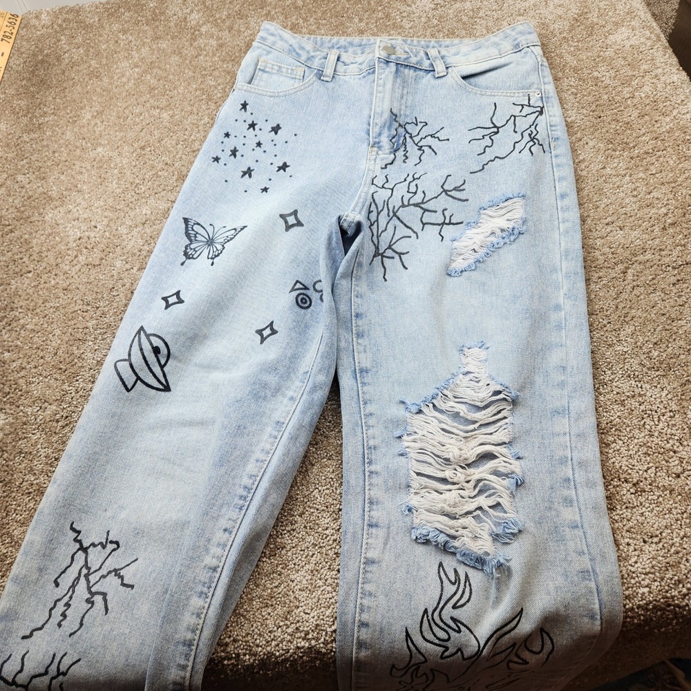 Womens Light Wash Graphic Custom painted Straight Leg Jeans Butterfly Stars 29W
